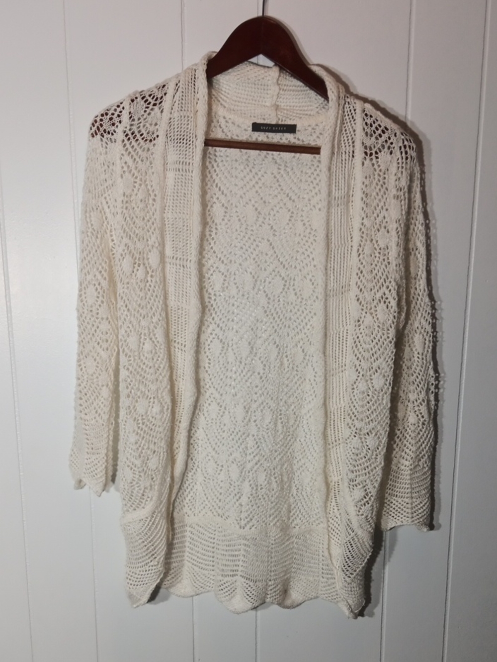 Suzy Shier Open-Front Ivory Lace Knit Cardigan